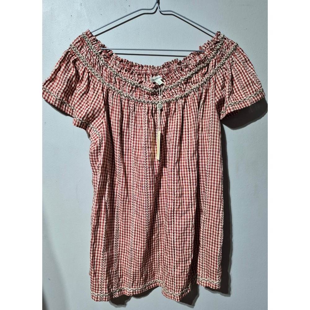 Max Studio Red Gingham Off Shoulder Smocked Blouse Top A704B70 Womens Large NWT
